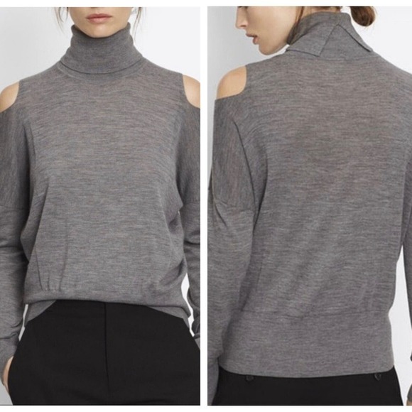 Vince Small S Cold Shoulder Wool Turtleneck Sweater Gray Thin Knit - Picture 2 of 9